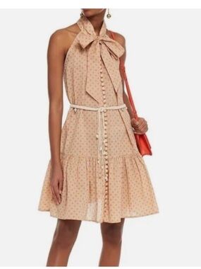 Zimmermann Peggy bow tie Peach Polka Dot Mini Dress M/2
